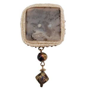 Glass White Bead Square Moss Agate Asian Bead Dangle Brooch K893